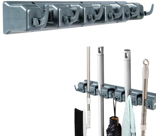 HOMFME Broom Mop Holder, Heavy Duty Wall Mounted Tidy Organizer with 5 Position, 6 Hooks, Utility Tool Brush Mop Broom Storage Solutions for Kitchen Bathroom Garage Garden
