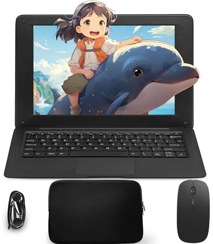 aichiw Mini Ordenador Portátil 10.1 Pulgadas, Ordenador Portátil con CPU 2GB RAM 64GB eMMC, Funda para Portátil, Ratón Inalámbrico, Mini Portátil con Win 10 (Negro-Teclado Español)