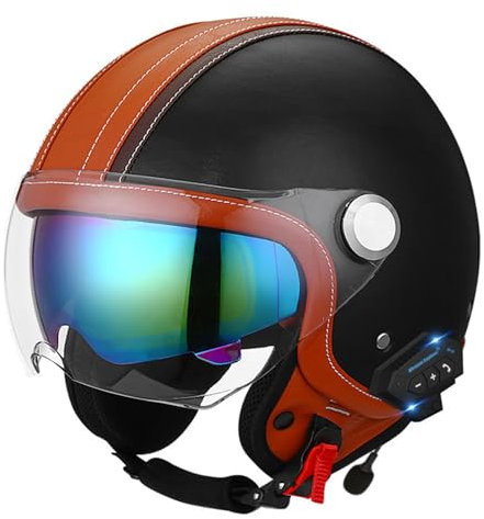 Casco Moto Jet Bluetooth Integrato Auricolare E Microfono Integrati con Doppia Visiera Certificazione ECE Casco Jet Jet Per Adulti Uomini Donne - Mezze Caschi Moto Stile Vintage 6,M(57~58CM)