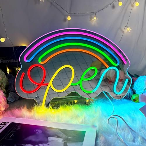 LightingWill LED Open Neon Sign, Dimmable Open Signs for Business with ON/OFF Switch, 17x12, 5V USB Powered Rainbow LED Neon Light Sign for Wall Decor, Shop, Bar, Home