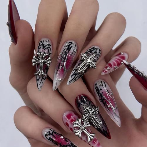 DMQ Stiletto False Nails Long, 24Pcs Dark Red Black Press on Nails, Silver Cross Punk Style Stick on Nails Removable Glue-on Nail Full Cover Fake Nail for Women Brides Nail Art Accessories