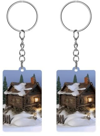 Schlüsselanhänger aus Acryl, rechteckig, aus Acryl, rustikales Holzhaus, Landschaft, bedruckter Schlüsselanhänger, kann als Anhänger verwendet werden, geeignet für Männer und Frauen, rustikales