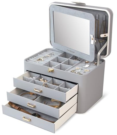 KAMIER Schmuck-Organizer für Damen, 4-lagige Schmuckschatulle mit Spiegel, 3 Schubladen, große Schmuck-Aufbewahrungsboxen für Armbänder, Ohrringe, Ringe, Halsketten, Muttertagsgeschenke für einen