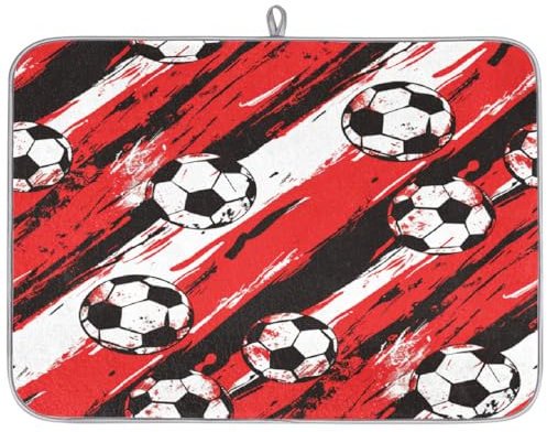 Tapete absorbente de secado de platos con diseño de balones de fútbol a rayas rojas para encimera de cocina, 18 x 24 pulgadas, tapete escurridor de platos de microfibra de secado rápido
