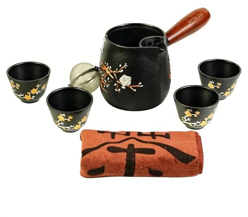 SECHUDO Small Cast Iron Teapot, Japanese Style Tea Kettle without Lid, 20.3 fl oz Tea Pot with Stainless Steel Teacups, Tea Ball for Loose Tea, Wooden Side-handle Tea Set for Stovetop Safe(600ml)