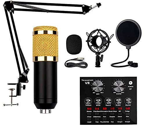 Paquete de micrófono de Condensador, Kit de micrófono BM-800 con Tarjeta de Sonido en Vivo, Brazo de Tijera de suspensión de micrófono Ajustable, Soporte de Choque de Met
