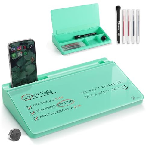 TOWON Small Glass Desktop Whiteboard with Storage – 30 x 17 cm Dry Erase Board for Desk, Home Office, School | Includes 5 Markers, Eraser & Holder | Space-Saving Organizer, Aesthetic Mint Green Design