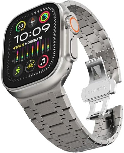 TWRQA Correa de acero inoxidable para Apple Watch Ultra 2 Band 49 mm 45 mm 44 mm 42 mm, correa de metal con cierre plegable para Apple Watch Series 9 8 7 6 5 4 3 2 1 Ultra/Ultra 2 Men(Frosted Titanium