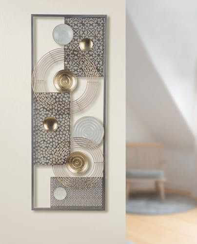 Casablanca Marrakech - Rilievo da parete in metallo dorato, grigio, bianco, rettangolare, 75 x 29 cm, forato, lucido, motivo circolare, decorazione da parete