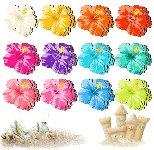 36 Pcs Spring Flower Ornaments for Trees Hawaiian Summer Tree Decorations Hanging Tree Flower Wooden Hibiscus Hanging Garden Ornaments for Birthday Wedding Themed Summer Holiday Party Decoration