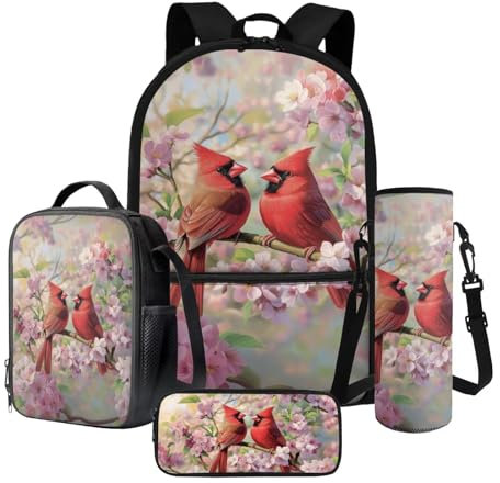 LACIYISON Cherry Blossom Red Robin Print Junior High School Backpack Sets 4 Pcs for Teens Girls Bookbag Travel Rucksack Lunch Bag Pencil Case Water Bottle Bag