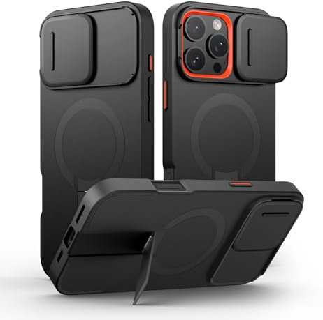 SURITCH Funda Magnética Compatible con iPhone 16 Pro MAX, Carcasa de amortiguación a Prueba Protectora con Tapa de cámara Deslizante y Soporte Ajustable(Negro)