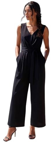 Roman Originals Pleat Detail Wide Leg Stretch Jumpsuit for Women UK - Ladies Everyday Holiday Spring Summer V-Neckline Comfy Soft Evening Vacation Work Party - Black - Size 20
