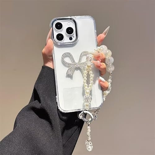 HAOFUGUI Clear Case for iPhone 14 Pro Max, Crystal Bow Design with Pearl Beaded Hand Strap, Stylish Soft Durable TPU Phone Cover for Women Girls-Clear