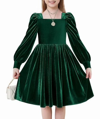 Arshiner Girls Velvet Dress Winter Elegant Party Dresses with Square Neck Lantern Sleeves Casual Long Sleeve Dress for Kids 6-14 Years