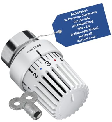 BADfabrik24 Thermostat Uni LM weiß mit Nullstellung M38 x 1,5 + Entlüftungsschlüssel 5 mm Vierkant – 3er Set Heizkörper-Thermostatkopf, präzise Regelung, einfache Montage