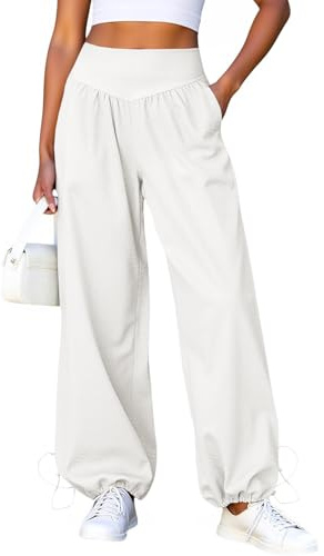 Fisoew Damen Hose mit weitem Bein Lässige Baggy Trainingshose mit hoher Taille Lounge Hose mit Taschen und Kordelzug am Saum
