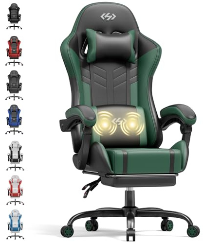 HLONONE Gaming Stuhl mit Massagefunktion, Ergonomischer Gaming Chair | Fußstütze, Kopfstütze und Massage Lendenkissen, Verstellbare Rückenlehne, für Homeoffice und Gaming, bis 150kg, Schwarz-Grün