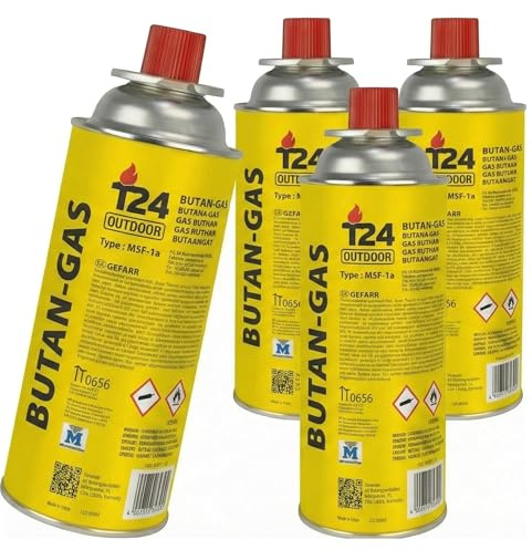 T24 Gaskartuschen 227g (MSF-1a) – 4 Stück Butan Gaskartuschen für Campingkocher, Gasheizung & Unkrautbrenner – Ventilkartusche Typ EN 417 – Universaldruckgasdose