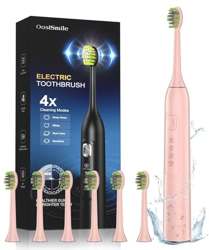 Electric Toothbrush for Adults, 42000 VPM Sonic Toothbrush for Sensitive Teeth & Daily Oral Care, 4 Modes, 6 Brush Heads, 120-Day Battery, 2-Min Timer Rechargeable Toothbrush for Home Travel,Rose Gold