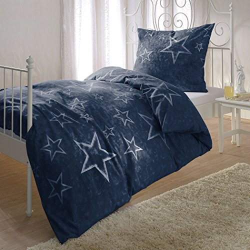 G BETTWARENSHOP Biber Bettwäsche Sterne blau 1 Bettbezug 155 x 200 cm + 1 Kissenbezug 80 x 80 cm