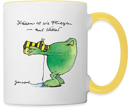 Spreadshirt Janosch Günter Kastenfrosch Küssen Ist Wie Fliegen Tasse Zweifarbig, One size, Weiß/Gelb