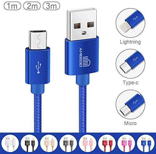 ameego [3Pack 1m+2m+3m] High Speed Strong Nylon Braided Tangle-Free 3.1A Micro USB Data Charge Cable for Samsung, HTC, Nokia, Sony, Kindle, Speaker, Power bank and More Micro USB Devices (Dark Blue)