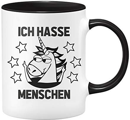 Einhorn Tasse Ich Hasse Menschen - lustige Kaffeetasse - witzige Tassen mit Sprüchen - Geschenk für Kollegin - Schwarz