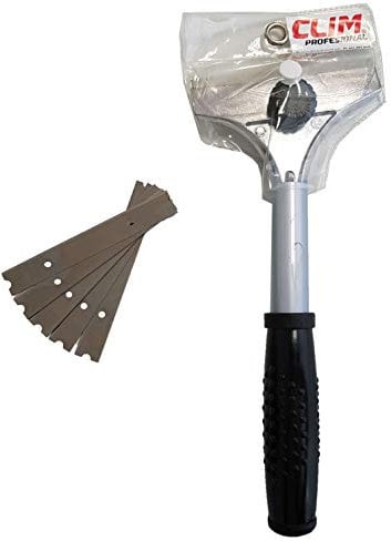 Clim Profesional - Rascador/Raspador 10CM de Suelos y Ventanas con Mango. Raspavidrios Resistente. Limpieza de Suelos Paredes Cristal Vitrocerámica. Incluye Recambio 10 Cuchillas