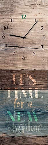 STYLER Wanduhr Adventure - lautlose Uhr aus Glas Made in EU - Glasuhr inklusive Wandaufhängung - Wanduhr ohne Tickgeräusche mit Metallzeiger - Holz Holzoptik Vintage Spruch lautlos - 20 x 60 cm