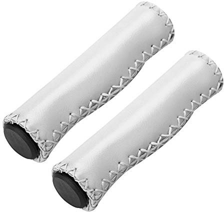 Alomejor 1 Paar Fahrradlenkergriff Handgenähte PU-Lenkergriffe mit Stecker für BMX Mountain Faltrad(Weiß)