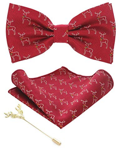 JEMYGINS Noeud Papillon Homme Rouge, élan en Soie de Noël Christmas et Boutons de Manchette et Carré de poche Ensemble Compris boîte