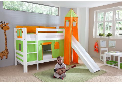 Relita Etagenbett Bel, Buche massiv, weiß lackiert mit Rutsche + Stoffset grün-orange