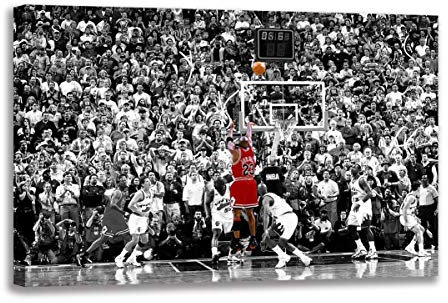 Leinwandbild Michael Jordan Vs Jazz Last Shot Wandkunst-Poster für Wohnzimmer, Heimdekoration, Fan Geschenk (60 x 90 cm (gerahmt)