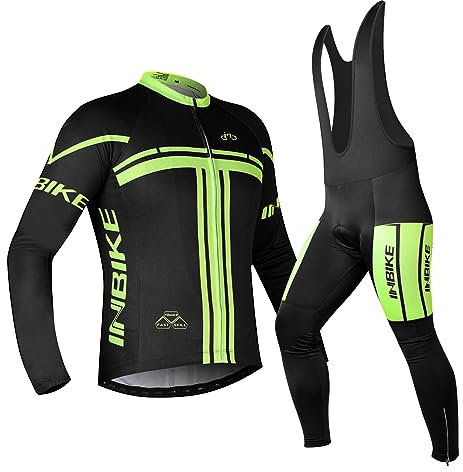 INBIKE Completo Ciclismo Uomo Invernale Maglia Manica Lunga Tuta Ciclismo Giacca Bici Pantaloni con Bretelle in Gel 3D Abbigliamneto Ciclismo(XXL,Maglia&Salopette)