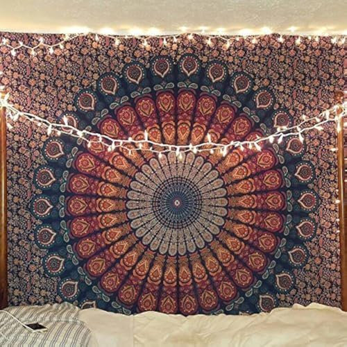 Bless International Indischer Hippie Bohemian Psychedelic Peacock Mandala Wandbehang Bettwäsche Tapisserie (Golden Blue, Poster (30x40Inches)(76x101cms))