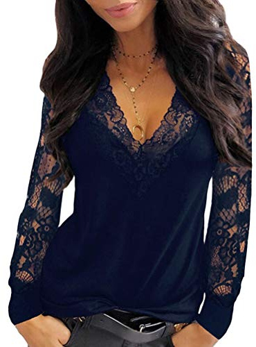 ORANDESIGNE Chemisier Sexy Femme Tunique Haut Manches Longues Évidé Top Automne Blouse Dentelle Chemisier Col V T-Shirt Chic Bleu Foncé XS