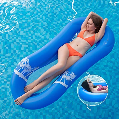 Hamaca Flotante Piscina,Colchoneta Piscina Adultos,Hinchable Colchón Tumbona Inflable del Agua,Inflable Flotador con Eposacabezas y Red(Azul)