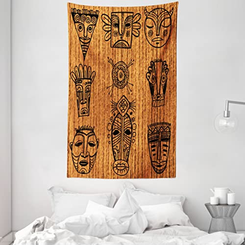 ABAKUHAUS afrikanisch Wandteppich und Tagesdecke, Einheimische Masken aus Weiches Mikrofaser Stoff Waschbar ohne Verblassen Digitaldruck, 140 x 230 cm, Schwarz Braun