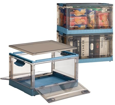 Nilpferd 2X25L faltbare Aufbewahrungsbox mit Deckel Kunststoff-Aufbewahrungsbox mit Rollen Griffen Türen Stapelbare zur Aufbewahrung von Büchern Spielzeug Kleidung Schuhen Bettwäsche(25L*2stk, Blau)