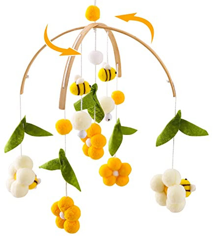 Youuys Móvil de Madera para Bebé con Bolas de Fieltro, Abeja y Flore carillón de viento móvil para bebé, colgante de campana para cuna de bebé, decoración de cuarto de niños, regalo para niña niño