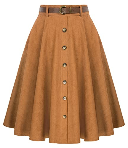 Belle Poque Women Brown Midi Skirt Vintage Button Front High Waist A-Line Corduroy Skirts with Pockets