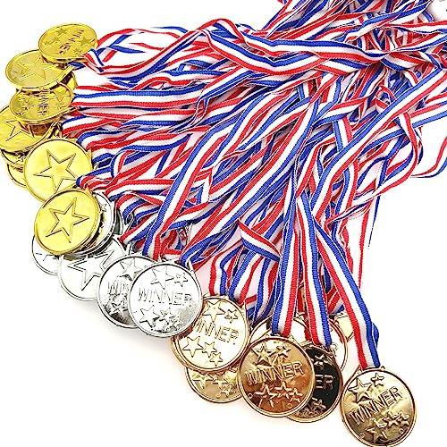 JZK 30 x Kunststoff Gold Gewinner Medaillen Gold Silber Bronze Preise mit Bändern für Kinder Party Spiel Preise Kinder Geburtstag Party Tasche Füllstoffe Favors Spielzeug Kinder Sport Tag Medaillen
