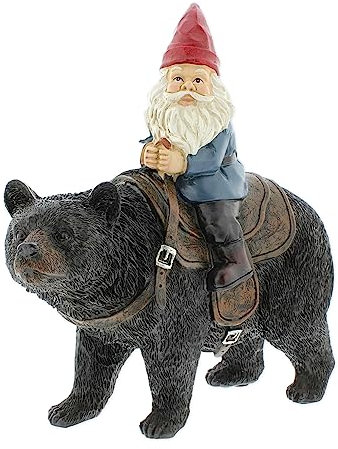 The Bridge Collection - Nain de jardin en résine chevauchant sur un ours – Ours noir et nain de jardin pour l'extérieur – Cottage, jardin, cabine et décor fantaisie