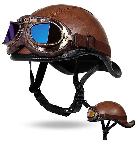 RUANLOV Oldtimer Motorradhelm mit Fliegerbrille Deutsche Leder Motorrad Halbhelme mit ECE, Vintage Helme, Jethelm Retro, Chopper Helm Scooter-Helm, Fahrradhelm (A L)