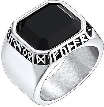 FaithHeart Synthetischer Onyx Ring für Herren, Edelstahl Bandring mit Wikinger Rune Symbol, Klassischer Siegelring mit Schwarz Synthetischer Onyx für Freunden Papa