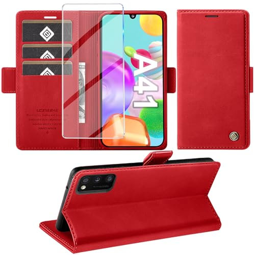 Giyer Handyhülle für Samsung Galaxy A41 Hülle mit Displayschutzfolie, Schutzhülle Galaxy A41 PU Leder Wallet Flip Case Standfunktion Kartenfach Klapphülle für Samsung A41 Tache Cover (Rot)