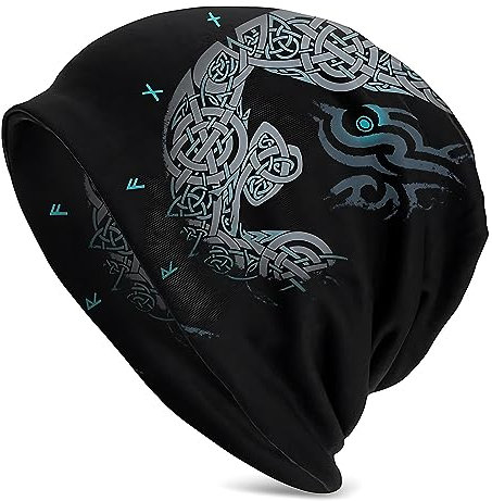 AHTCPO Herren Viking Fenrir Beanie Caps, 3D-Druck Nordic Myth Wolf Strickmütze, Winter Warme Doppellagige Dünne Motorhaube Snapback Cap (Color : Viking Wolf 2, Size : One Size)