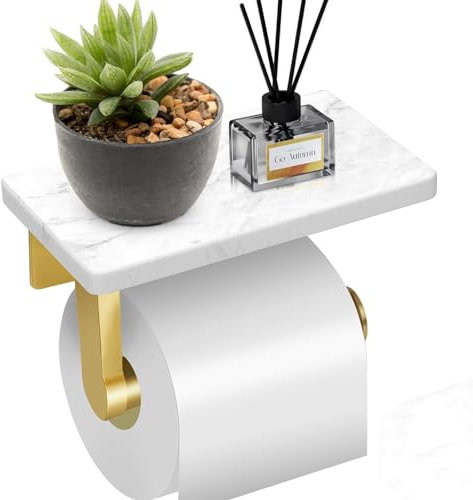 Toilet Paper Holder with Marble Shelf, DAYELIVE 304 Stainless Steel Wall Mounted Toilet Paper Holder, Tissue Roll Paper Holder Dispenser for Bathroom Washroom (Brushed Gold)