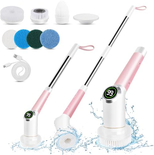 WingFly Electric Spin Scrubber, Cordless Spin Scrubber with 7 Replaceable Brush Heads and Adjustable Extension Handle, Power Cleaning Brush for Shower Bathtub Sink Tile Floor(Pink)